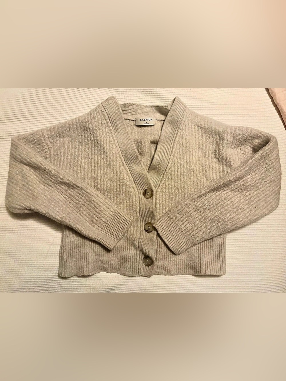 Babaton Ribbed Button-Front Cardigan in Beige Size Small